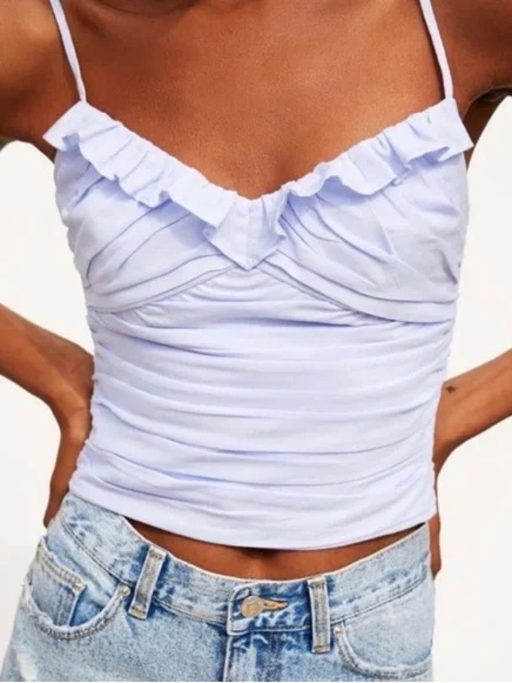 Zara baby blue corset crop top with ruched detail & adjustable spaghetti straps